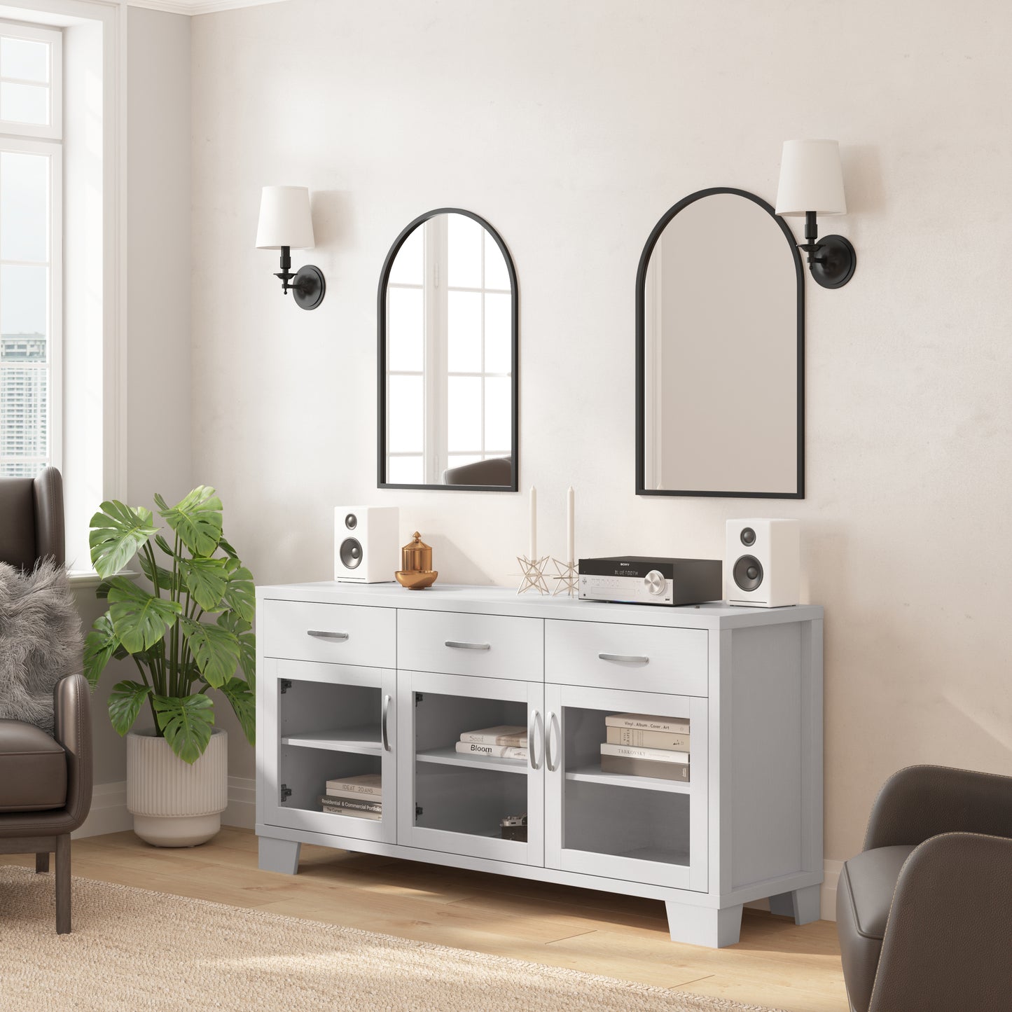 Wells White 59 Inch Modern Kitchen and Dining Room Buffet Sideboard Storage Cabinet, Engineered Wood with 3 Tempered Glass Doors and 3 Drawers