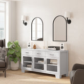 Wells White 59 Inch Modern Kitchen and Dining Room Buffet Sideboard Storage Cabinet, Engineered Wood with 3 Tempered Glass Doors and 3 Drawers