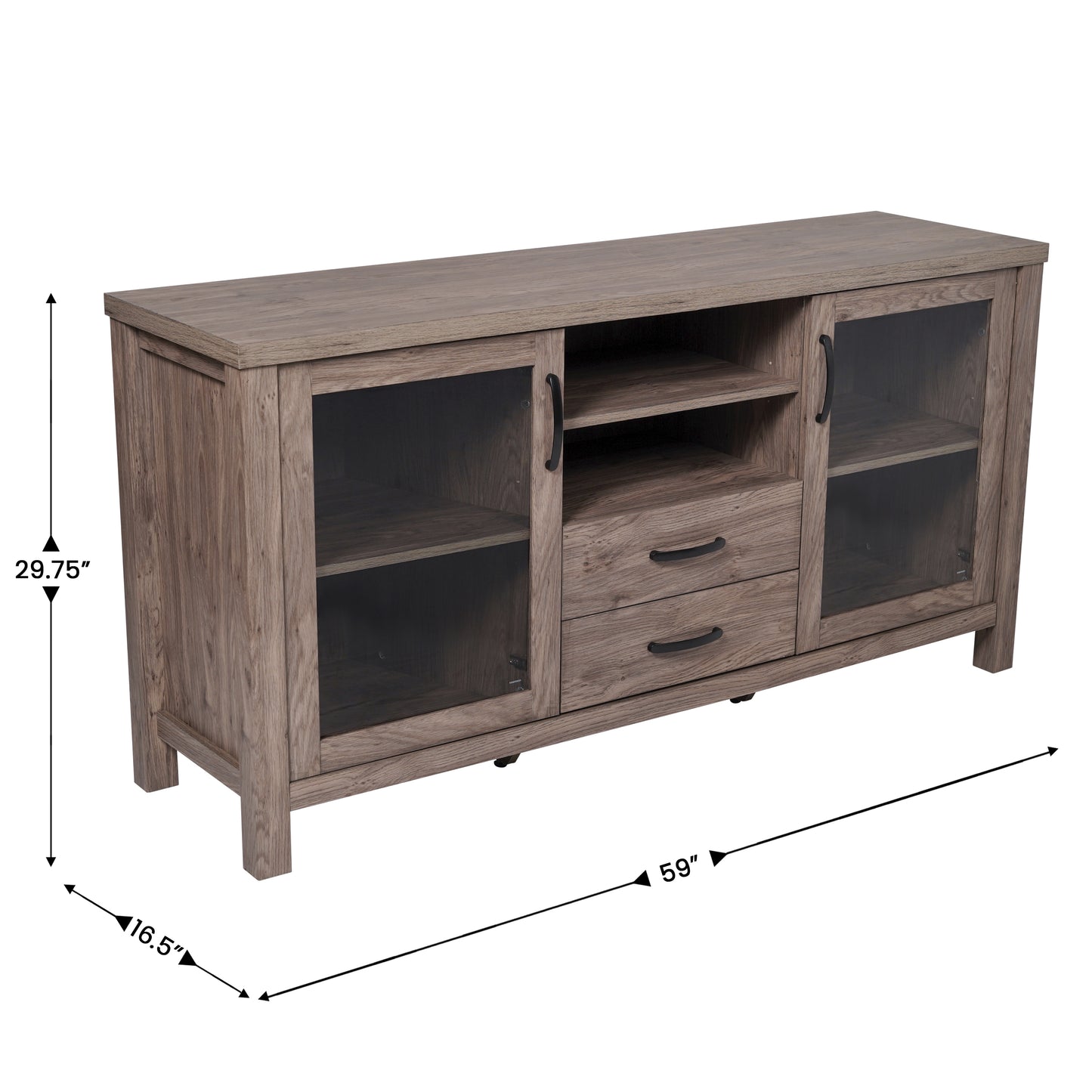 Dion Brown 59 Inch Modern Kitchen and Dining Room Buffet Sideboard Storage Cabinet, Engineered Wood with 2 Tempered Glass Doors, 2 Drawers, Open Shelf