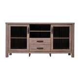 Dion Brown 59 Inch Modern Kitchen and Dining Room Buffet Sideboard Storage Cabinet, Engineered Wood with 2 Tempered Glass Doors, 2 Drawers, Open Shelf