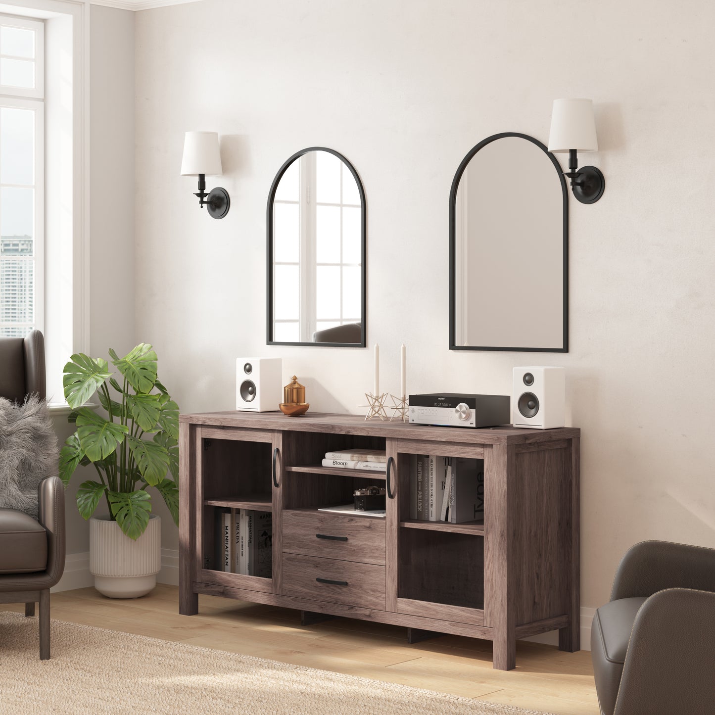 Dion Brown 59 Inch Modern Kitchen and Dining Room Buffet Sideboard Storage Cabinet, Engineered Wood with 2 Tempered Glass Doors, 2 Drawers, Open Shelf