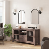Dion Brown 59 Inch Modern Kitchen and Dining Room Buffet Sideboard Storage Cabinet, Engineered Wood with 2 Tempered Glass Doors, 2 Drawers, Open Shelf