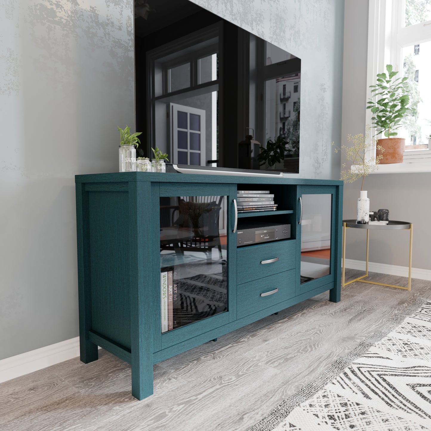 Dion Teal 59 Inch Modern Kitchen and Dining Room Buffet Sideboard Storage Cabinet, Engineered Wood with 2 Tempered Glass Doors, 2 Drawers, Open Shelf