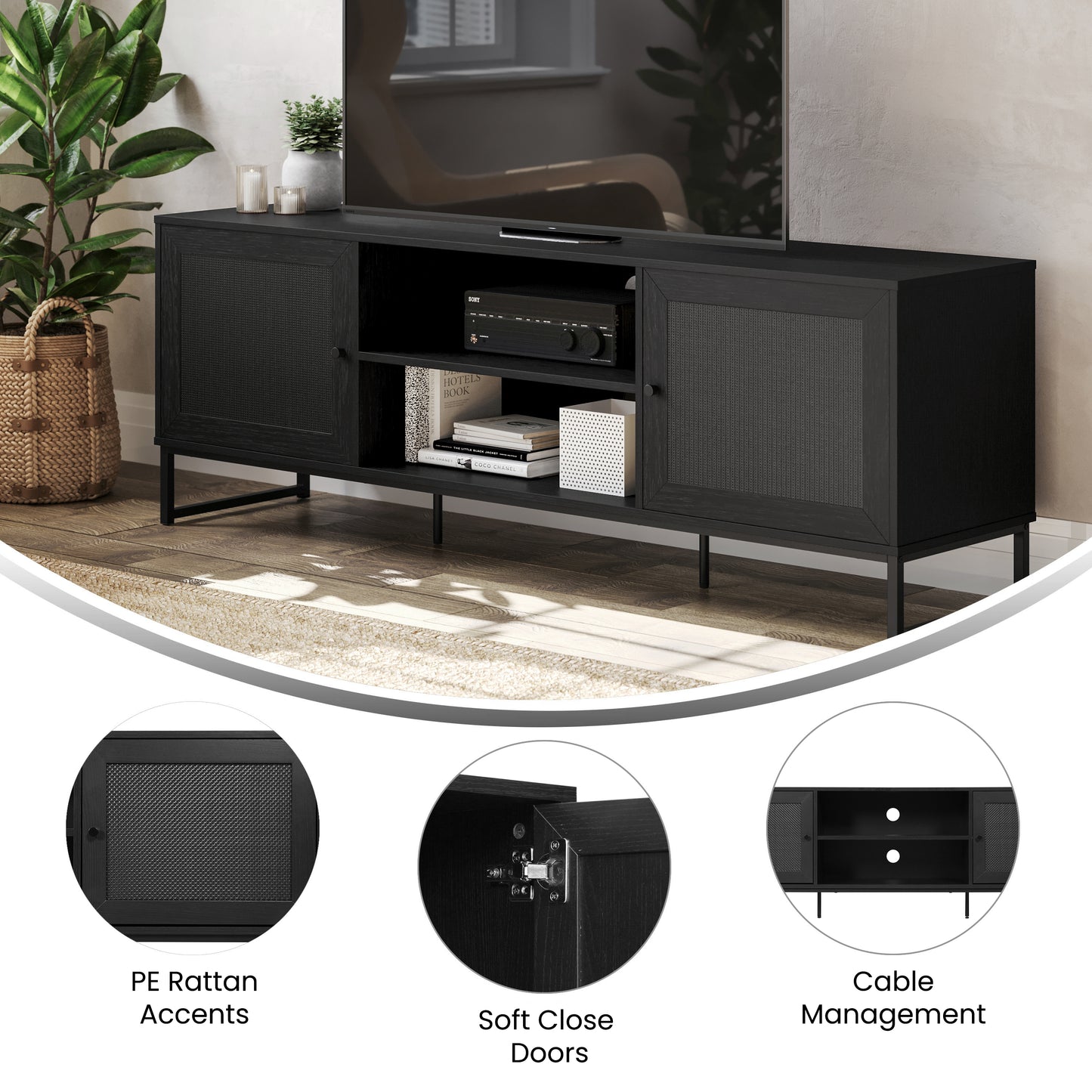 Malaki Mid-Century Modern 65 Inch TV Stand with 2 Rattan Soft Close Doors and Fixed Center Shelf, TV Stand for up to 70" TV's in Black