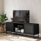 Malaki Mid-Century Modern 65 Inch TV Stand with 2 Rattan Soft Close Doors and Fixed Center Shelf, TV Stand for up to 70" TV's in Black