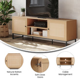 Malaki Mid-Century Modern 65 Inch TV Stand with 2 Rattan Soft Close Doors and Fixed Center Shelf, TV Stand for up to 70" TV's in Natural