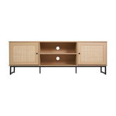Malaki Mid-Century Modern 65 Inch TV Stand with 2 Rattan Soft Close Doors and Fixed Center Shelf, TV Stand for up to 70" TV's in Natural