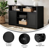 Malaki Mid-Century Modern 58 Inch Buffet Sideboard with 2 Soft Close Doors and Adjustable Center Shelf, TV Stand for up to 65" TV's, Black/Rattan