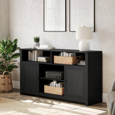 Malaki Mid-Century Modern 58 Inch Buffet Sideboard with 2 Soft Close Doors and Adjustable Center Shelf, TV Stand for up to 65" TV's, Black/Rattan