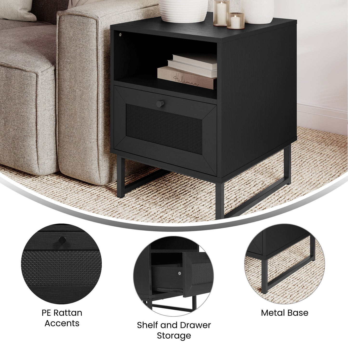 Malaki Mid-Century Modern Nightstand or End Table with Rattan Accented Drawer, Open Upper Shelf, and Metal Legs in Black