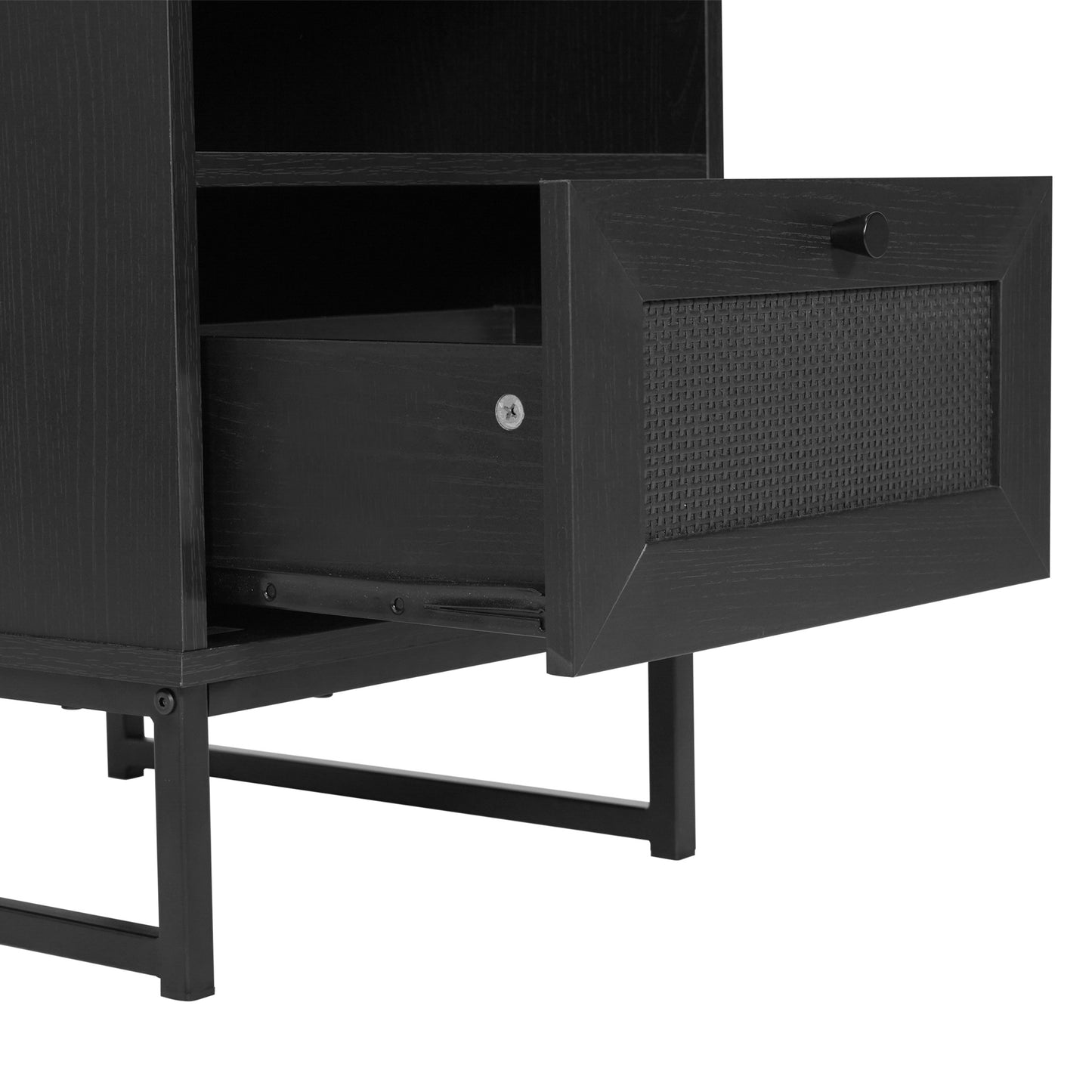 Malaki Mid-Century Modern Nightstand or End Table with Rattan Accented Drawer, Open Upper Shelf, and Metal Legs in Black