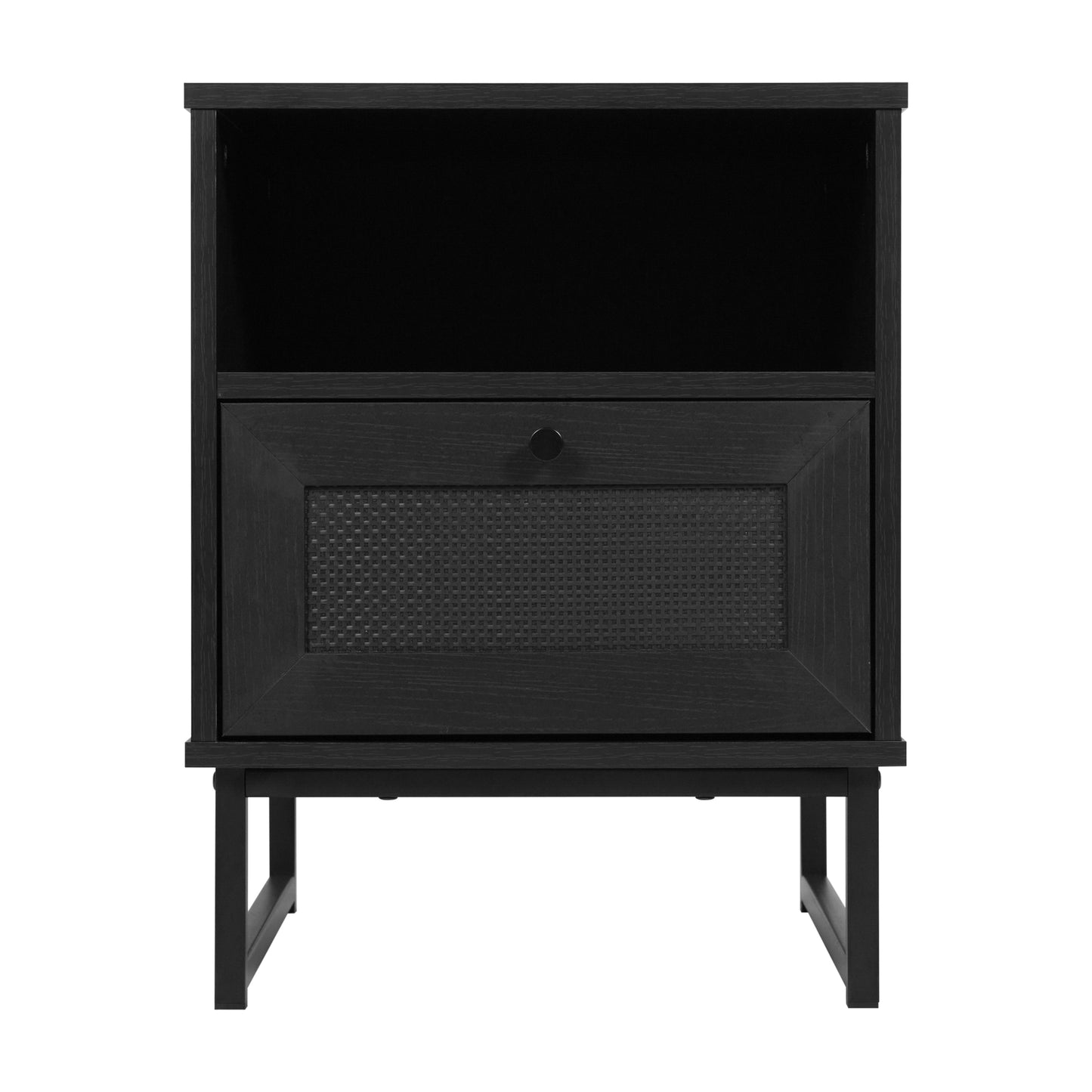 Malaki Mid-Century Modern Nightstand or End Table with Rattan Accented Drawer, Open Upper Shelf, and Metal Legs in Black
