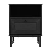 Malaki Mid-Century Modern Nightstand or End Table with Rattan Accented Drawer, Open Upper Shelf, and Metal Legs in Black