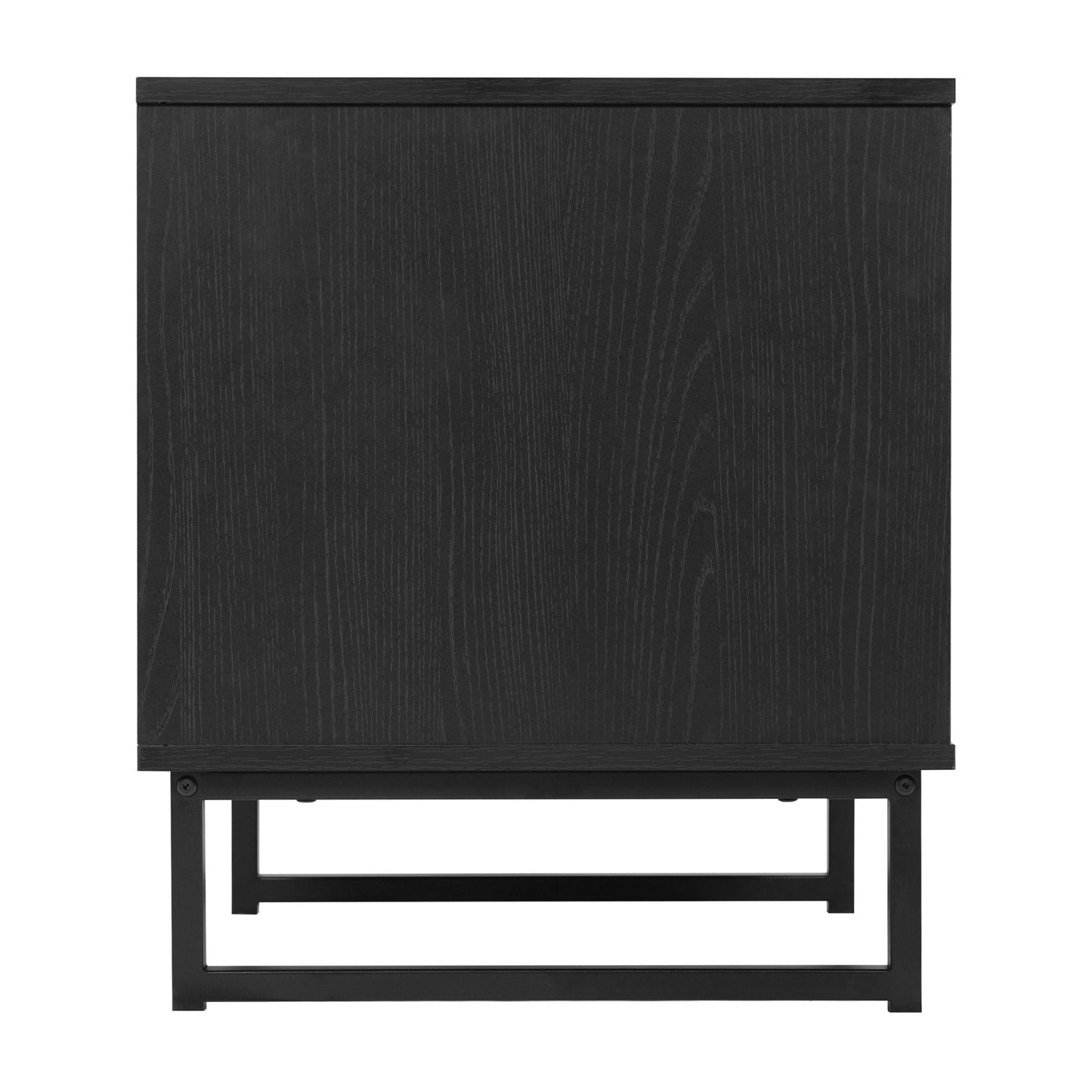Malaki Mid-Century Modern Nightstand or End Table with Rattan Accented Drawer, Open Upper Shelf, and Metal Legs in Black