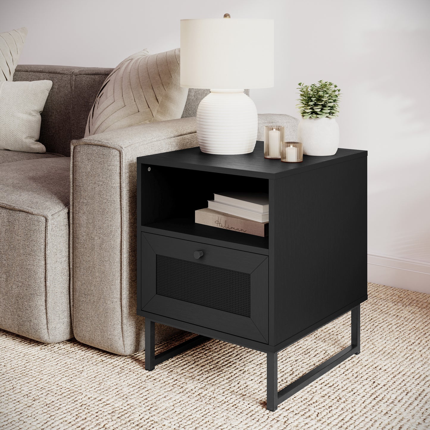 Malaki Mid-Century Modern Nightstand or End Table with Rattan Accented Drawer, Open Upper Shelf, and Metal Legs in Black