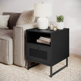 Malaki Mid-Century Modern Nightstand or End Table with Rattan Accented Drawer, Open Upper Shelf, and Metal Legs in Black