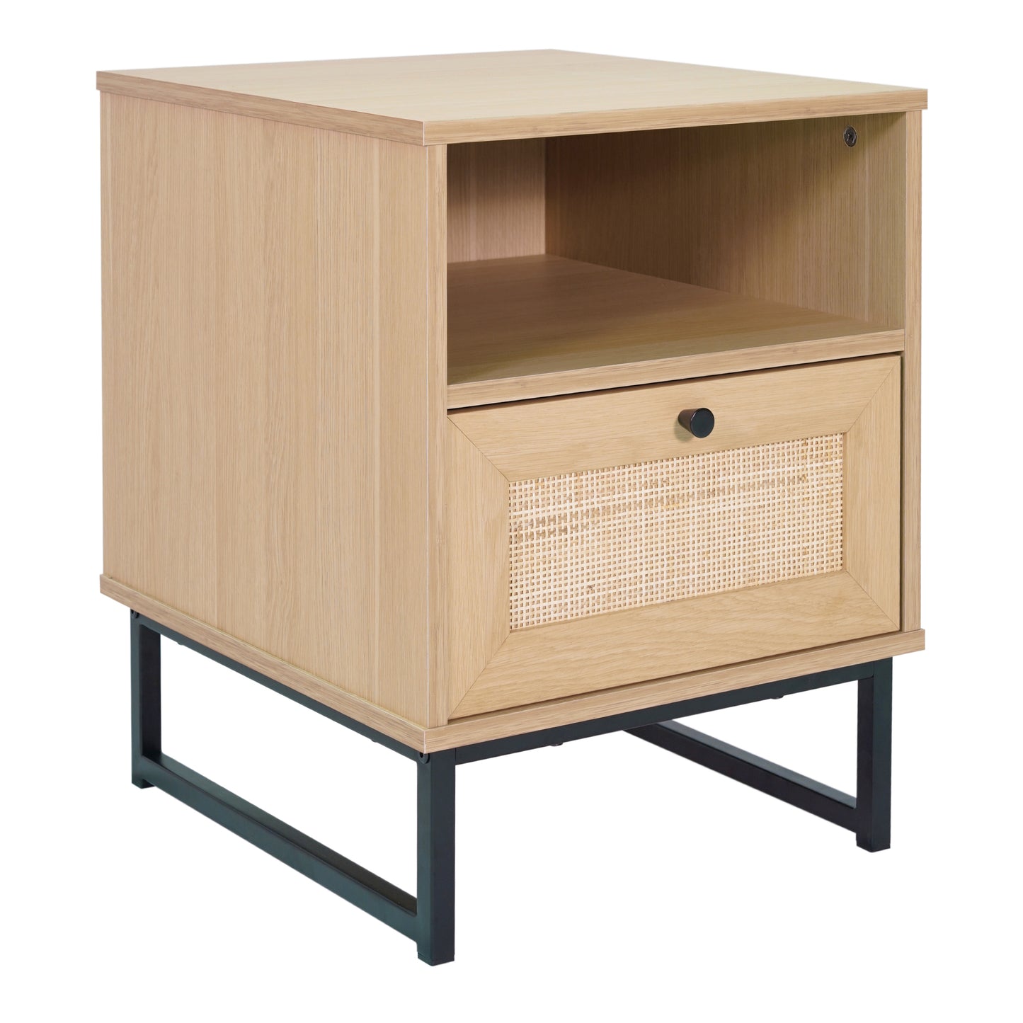 Malaki Mid-Century Modern Nightstand or End Table with Rattan Accented Drawer, Open Upper Shelf, and Metal Legs in Natural
