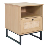 Malaki Mid-Century Modern Nightstand or End Table with Rattan Accented Drawer, Open Upper Shelf, and Metal Legs in Natural