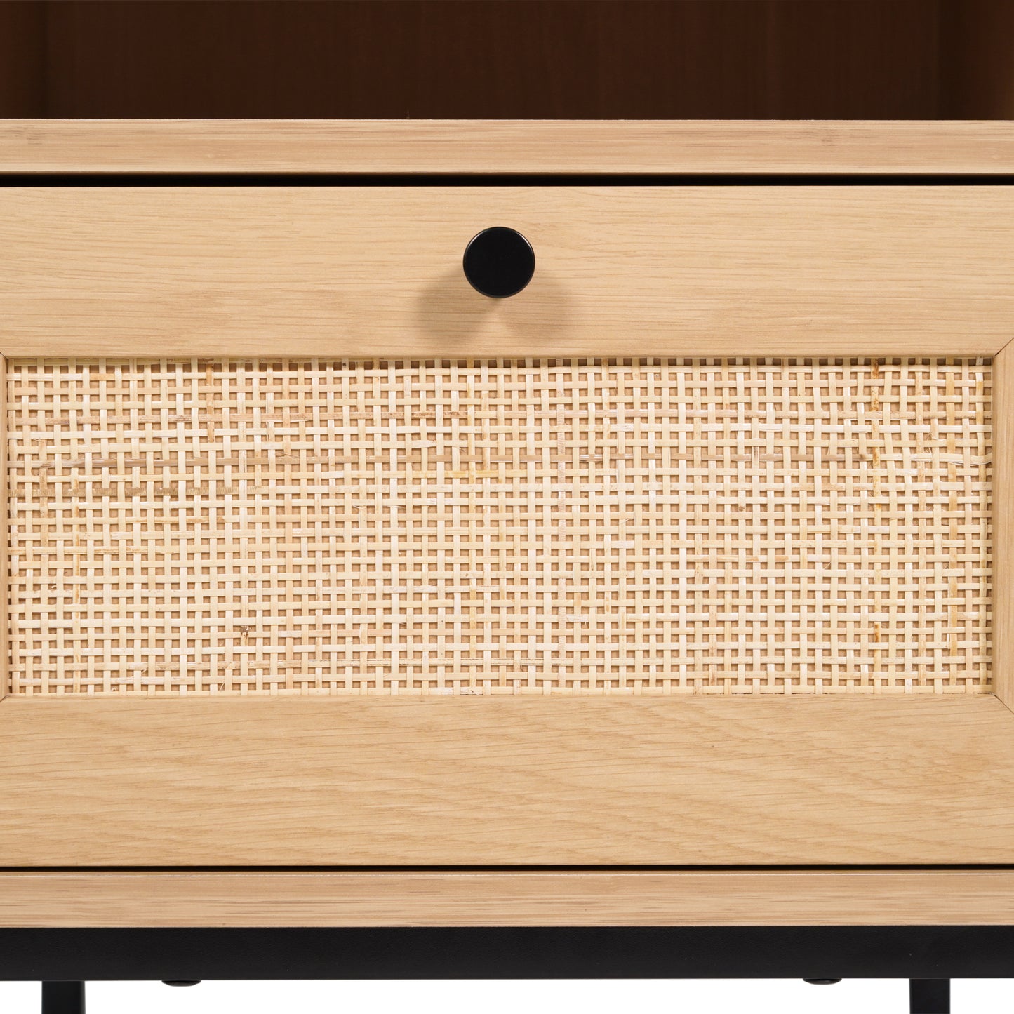 Malaki Mid-Century Modern Nightstand or End Table with Rattan Accented Drawer, Open Upper Shelf, and Metal Legs in Natural