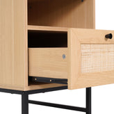 Malaki Mid-Century Modern Nightstand or End Table with Rattan Accented Drawer, Open Upper Shelf, and Metal Legs in Natural