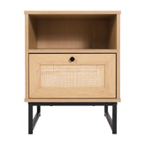 Malaki Mid-Century Modern Nightstand or End Table with Rattan Accented Drawer, Open Upper Shelf, and Metal Legs in Natural