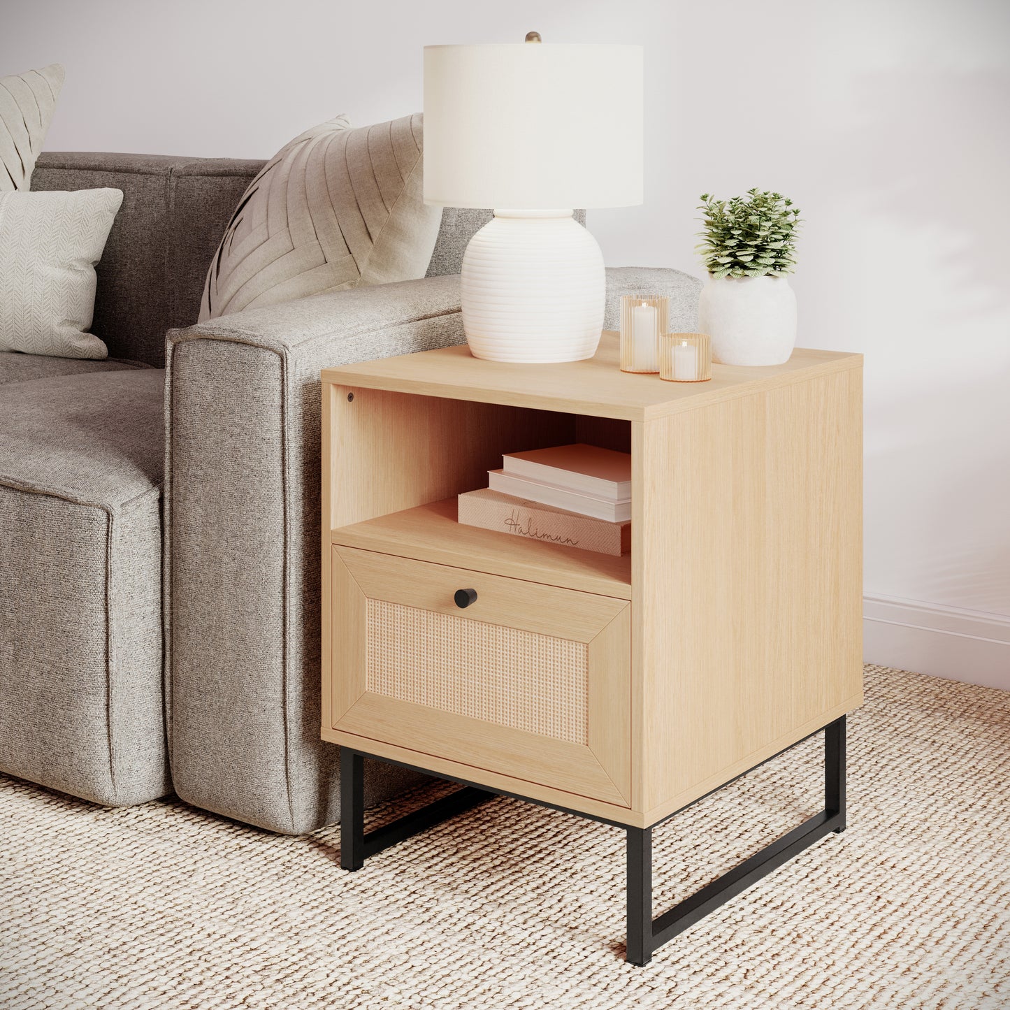Malaki Mid-Century Modern Nightstand or End Table with Rattan Accented Drawer, Open Upper Shelf, and Metal Legs in Natural
