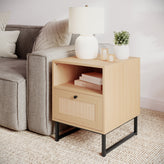 Malaki Mid-Century Modern Nightstand or End Table with Rattan Accented Drawer, Open Upper Shelf, and Metal Legs in Natural