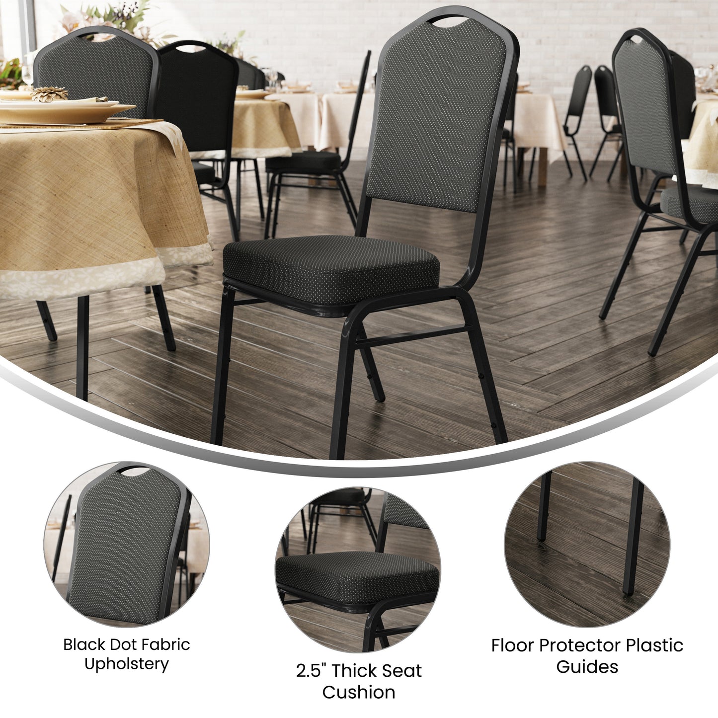 HERCULES Series Crown Back Stacking Banquet Chair in Black Dot Patterned Fabric - Black Frame