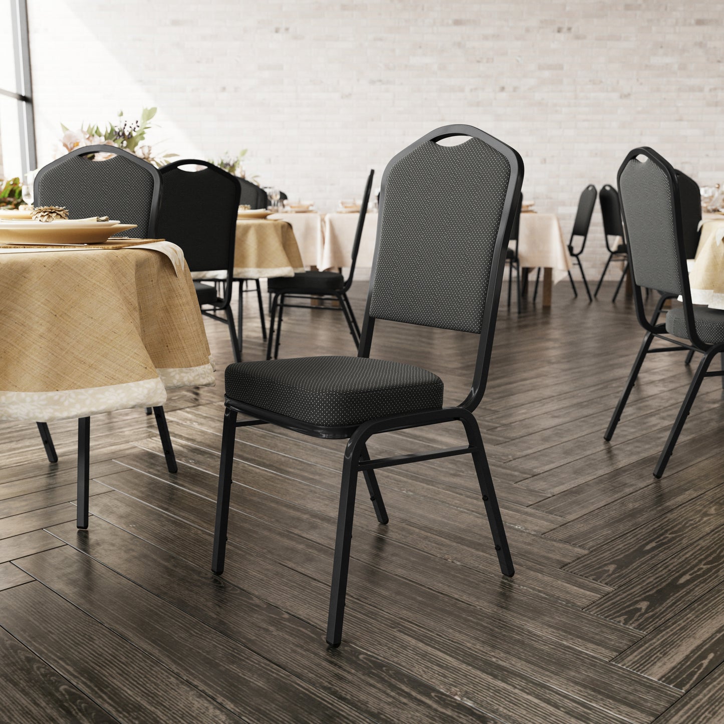 HERCULES Series Crown Back Stacking Banquet Chair in Black Dot Patterned Fabric - Black Frame