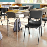 HERCULES Student Desk with Open Front Metal Book Box, Maple Desktop, and Silver Frame and Black Heavy-Duty Flex Comfort Classroom Stack Chair