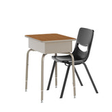 HERCULES Student Desk with Open Front Metal Book Box, Walnut Desktop, and Silver Frame and Black Heavy-Duty Flex Comfort Classroom Stack Chair