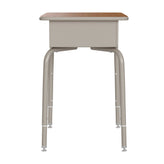 HERCULES Student Desk with Open Front Metal Book Box, Walnut Desktop, and Silver Frame and Black Heavy-Duty Flex Comfort Classroom Stack Chair