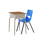 HERCULES Student Desk with Open Front Metal Book Box, Walnut Desktop, and Silver Frame and Navy Heavy-Duty Flex Comfort Classroom Stack Chair