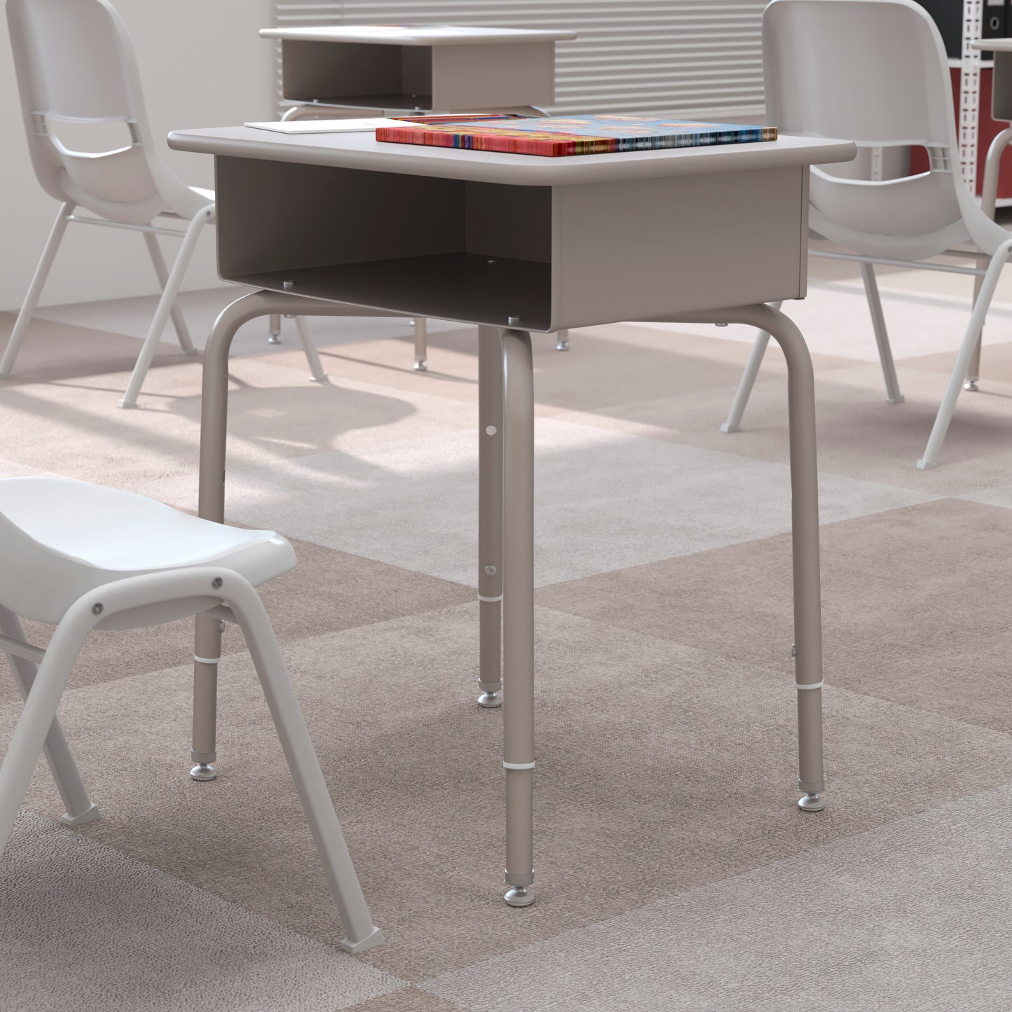 Billie Student Desk with Open Front Metal Book Box - Gray Granite/Silver