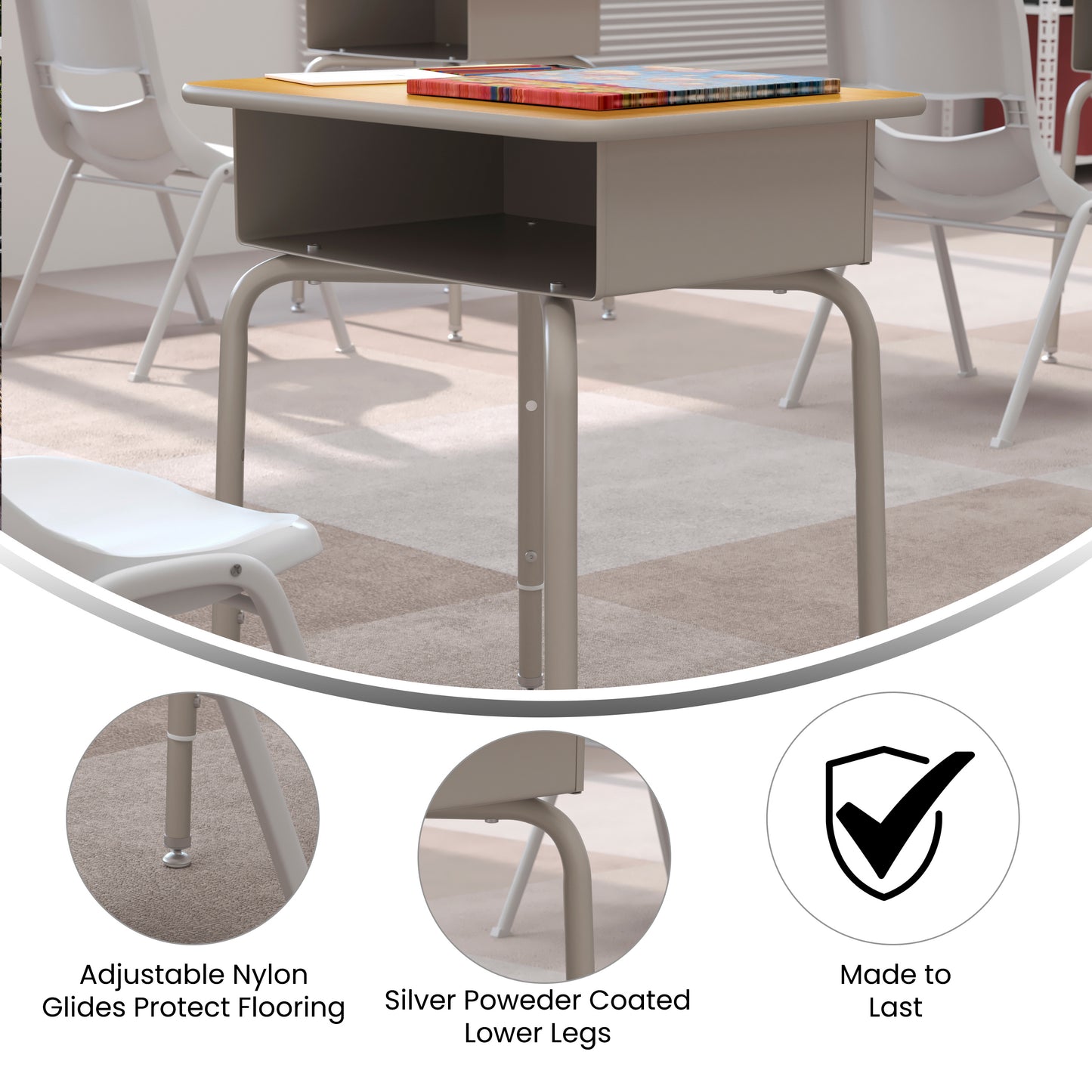 Billie Student Desk with Open Front Metal Book Box - Maple/Silver
