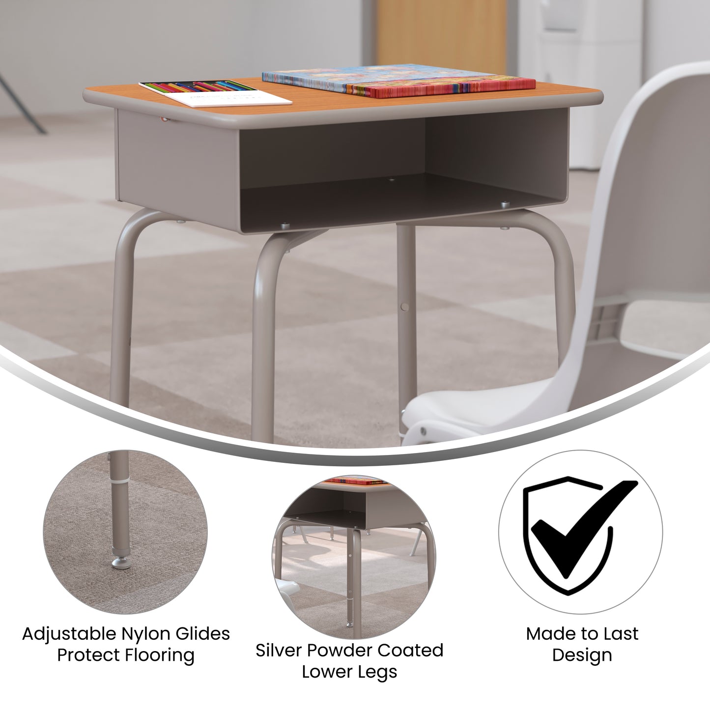 Billie Student Desk with Open Front Metal Book Box - Walnut/Silver