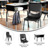 HERCULES Student Desk with Open Front Metal Book Box, Gray Desktop, and Black Frame and Black Heavy-Duty Flex Comfort Classroom Stack Chair