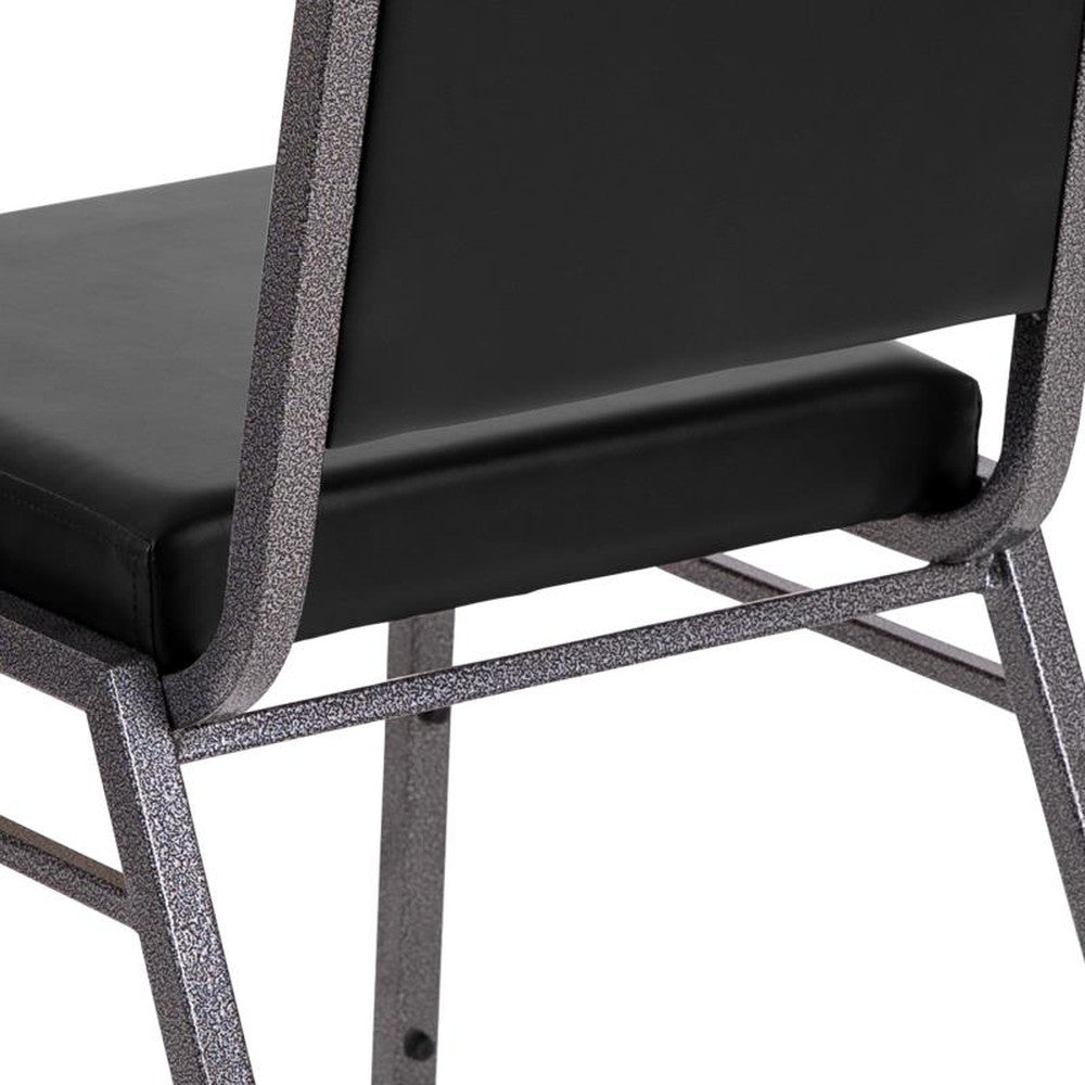 HERCULES Series Square Back Stacking Banquet Chair in Black Vinyl with Silvervein Frame