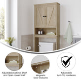 Dune Farmhouse Over the Toilet Shelf Cabinet, Magnetic Close Doors, Adjustable In-Cabinet Shelf, Lower Open Shelf, Metal Handles and Hinges, Brown