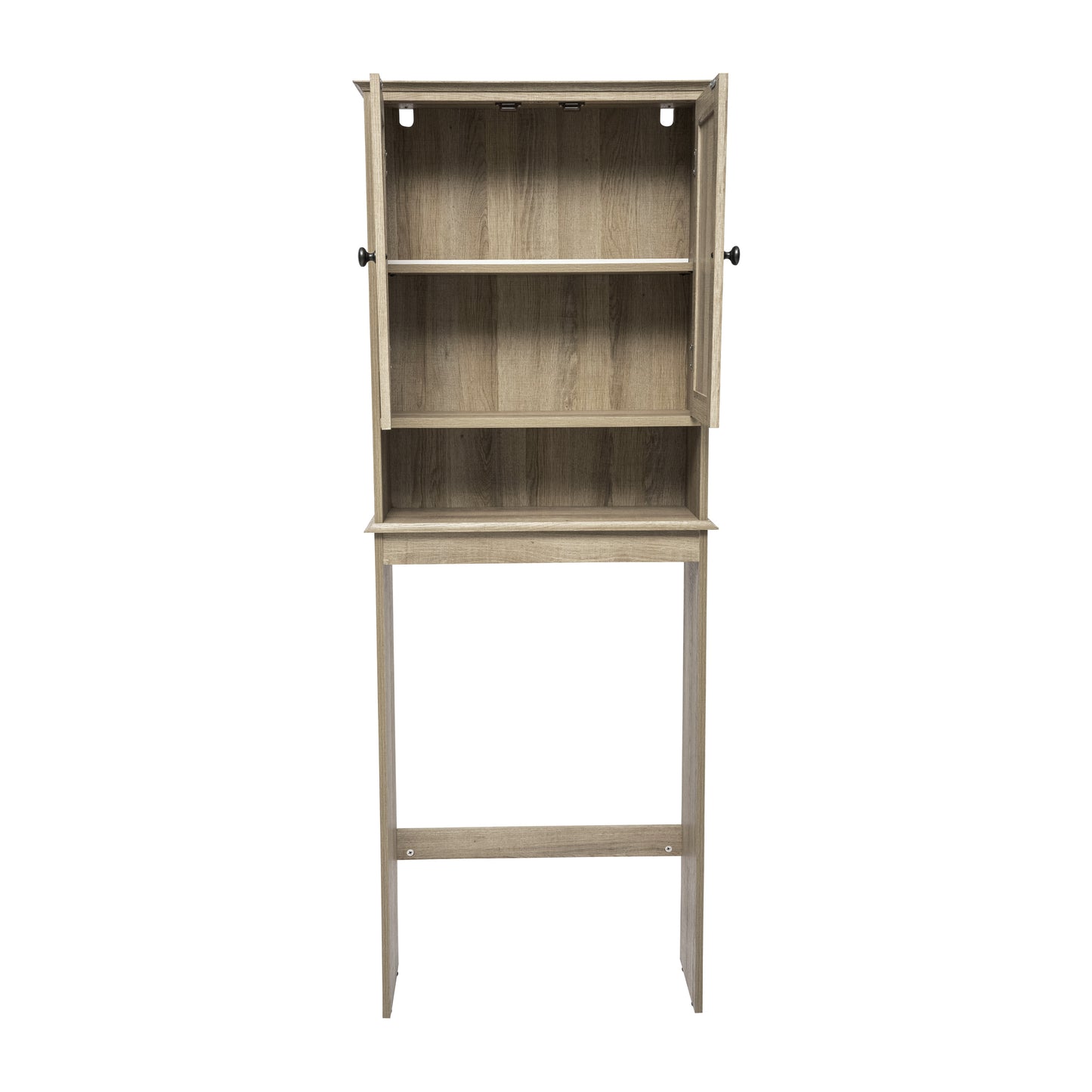 Dune Farmhouse Over the Toilet Shelf Cabinet, Magnetic Close Doors, Adjustable In-Cabinet Shelf, Lower Open Shelf, Metal Handles and Hinges, Brown