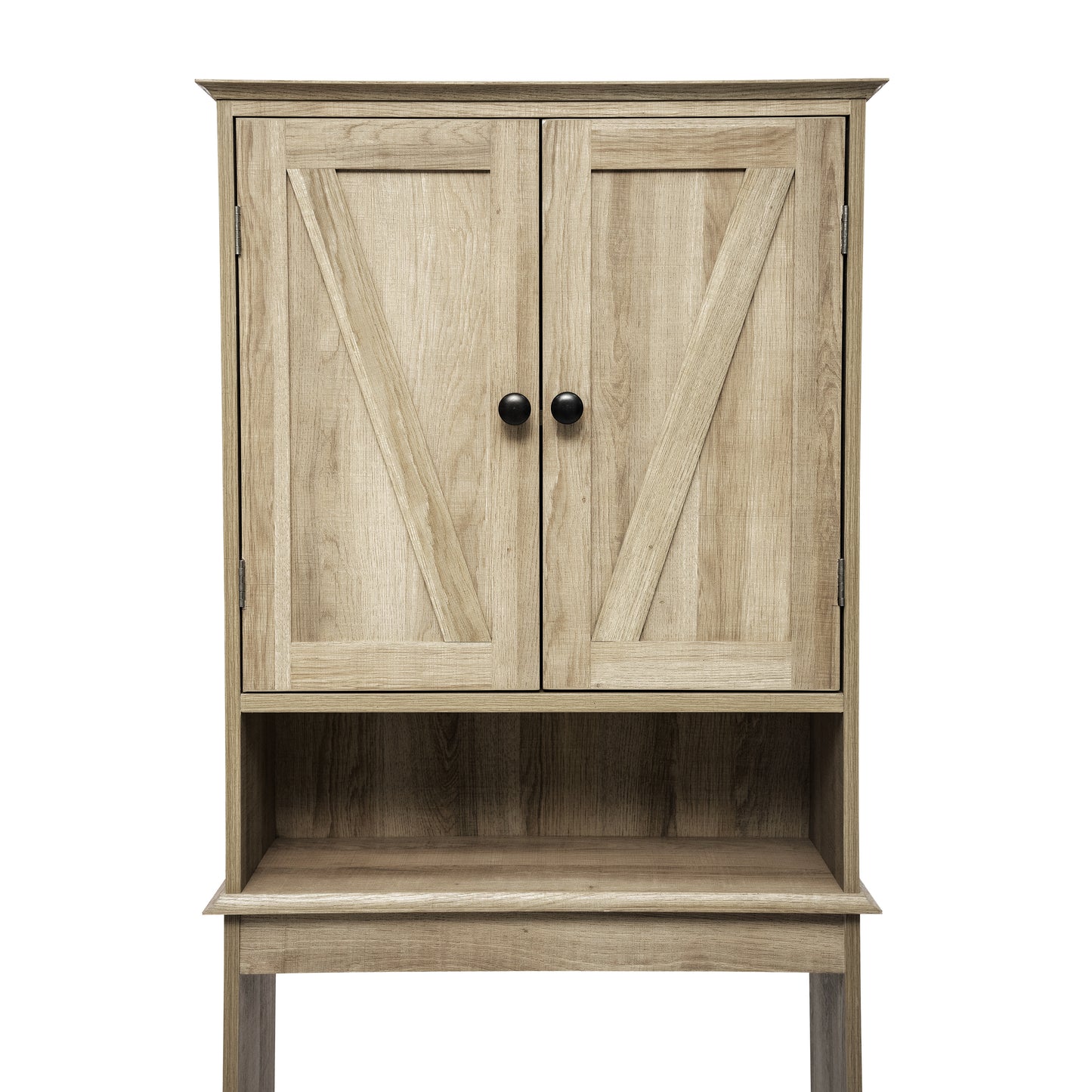 Dune Farmhouse Over the Toilet Shelf Cabinet, Magnetic Close Doors, Adjustable In-Cabinet Shelf, Lower Open Shelf, Metal Handles and Hinges, Brown