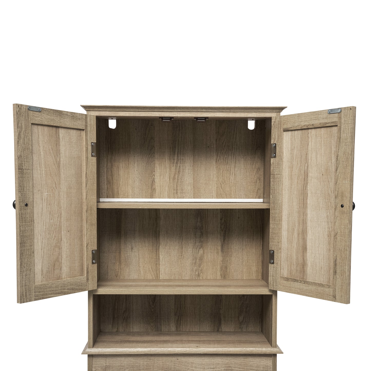 Dune Farmhouse Over the Toilet Shelf Cabinet, Magnetic Close Doors, Adjustable In-Cabinet Shelf, Lower Open Shelf, Metal Handles and Hinges, Brown