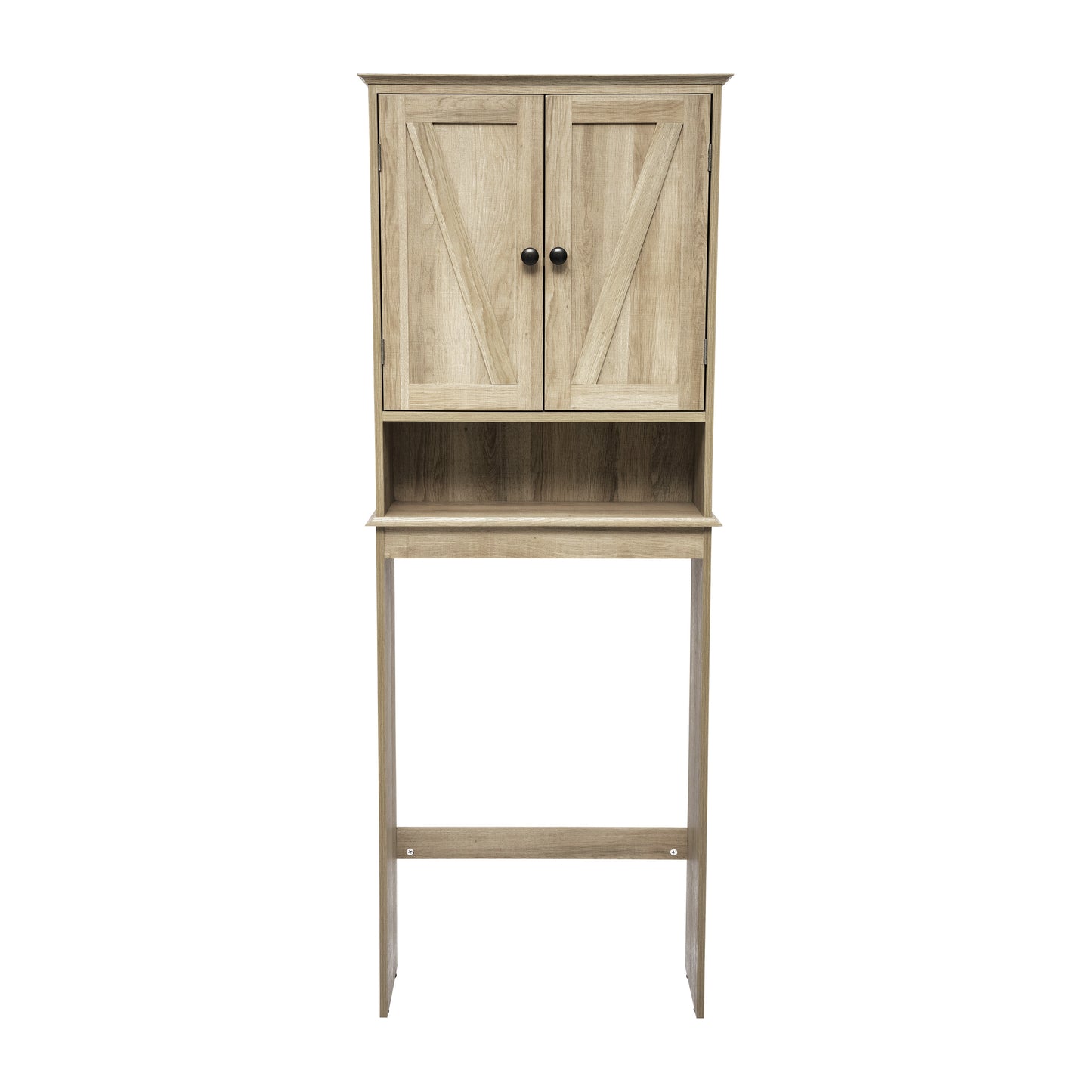 Dune Farmhouse Over the Toilet Shelf Cabinet, Magnetic Close Doors, Adjustable In-Cabinet Shelf, Lower Open Shelf, Metal Handles and Hinges, Brown