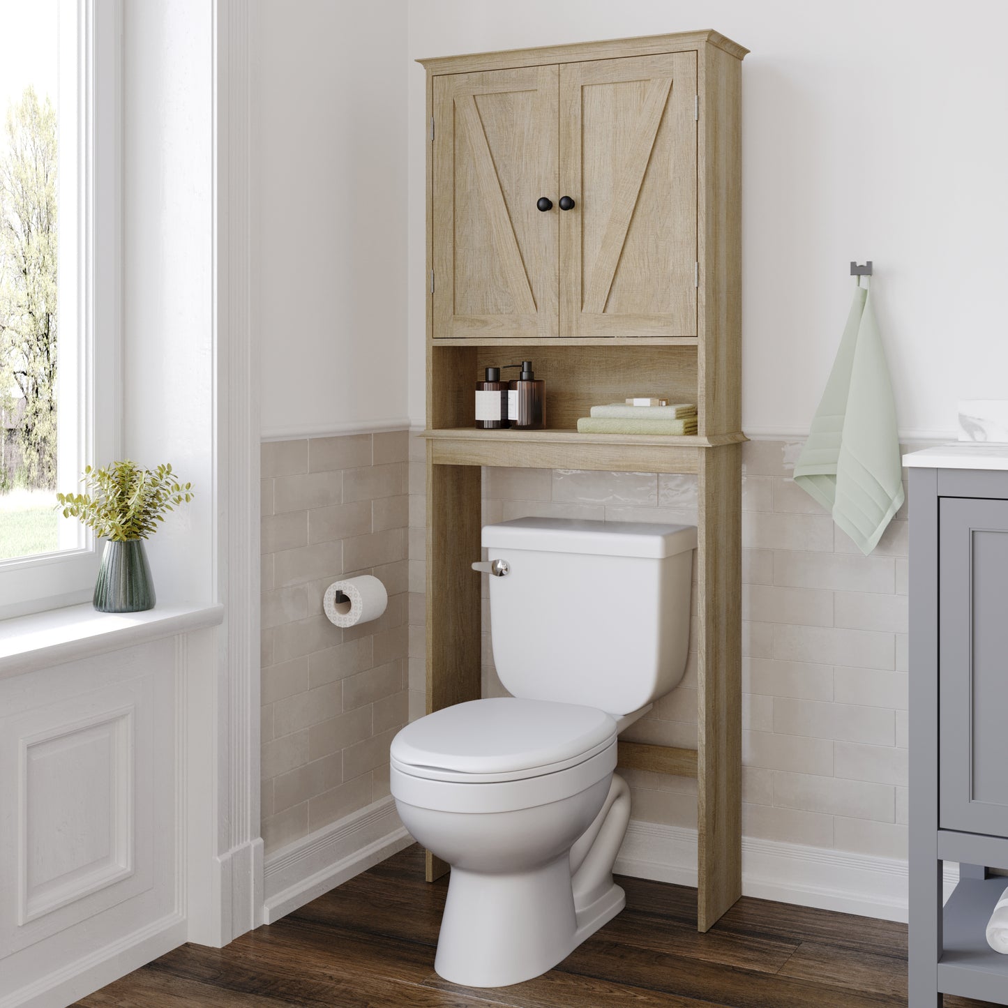 Dune Farmhouse Over the Toilet Shelf Cabinet, Magnetic Close Doors, Adjustable In-Cabinet Shelf, Lower Open Shelf, Metal Handles and Hinges, Brown
