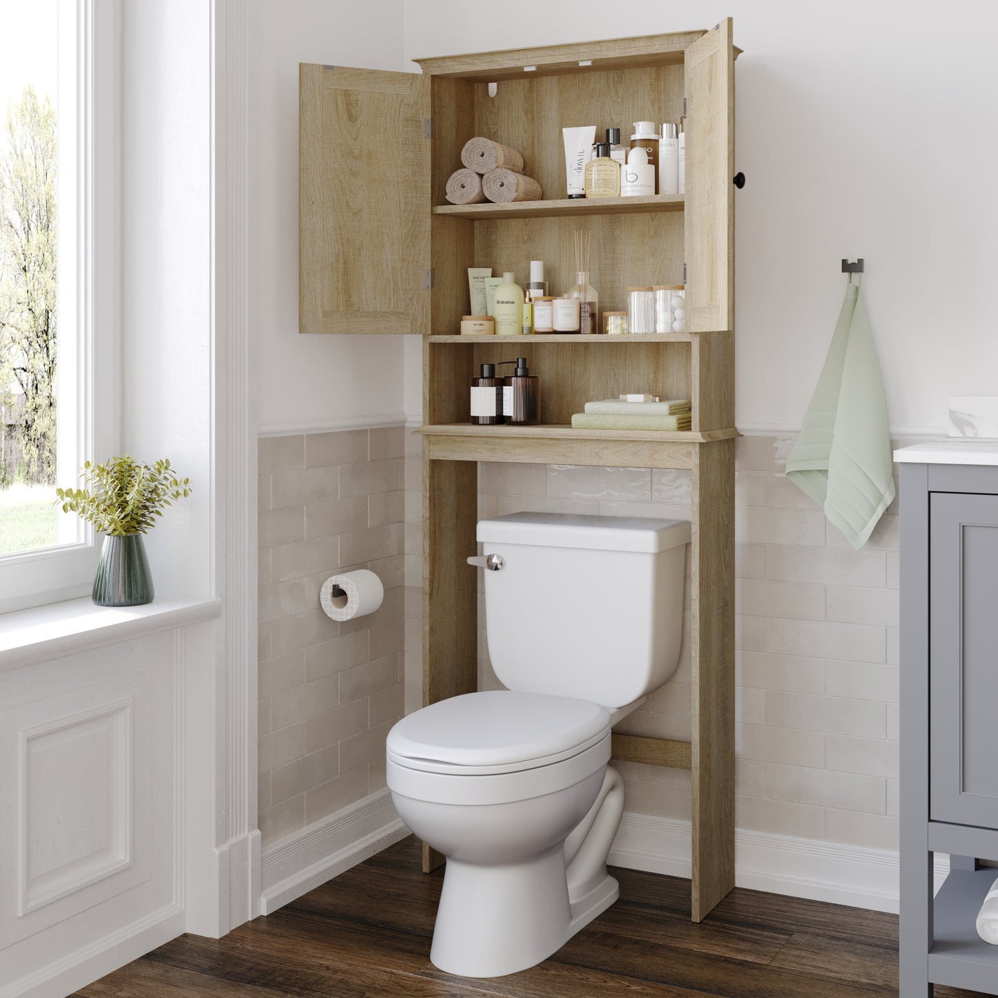 Dune Farmhouse Over the Toilet Shelf Cabinet, Magnetic Close Doors, Adjustable In-Cabinet Shelf, Lower Open Shelf, Metal Handles and Hinges, Brown