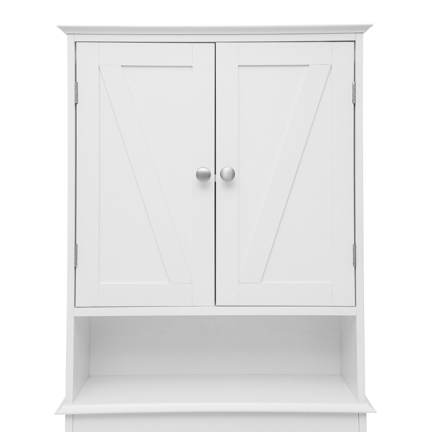 Dune Farmhouse Over the Toilet Shelf Cabinet, Magnetic Close Doors, Adjustable In-Cabinet Shelf, Lower Open Shelf, Metal Handles and Hinges, White