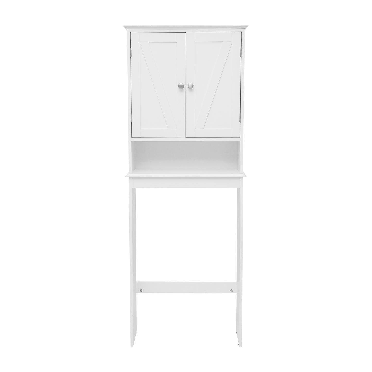 Dune Farmhouse Over the Toilet Shelf Cabinet, Magnetic Close Doors, Adjustable In-Cabinet Shelf, Lower Open Shelf, Metal Handles and Hinges, White