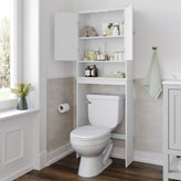 Dune Farmhouse Over the Toilet Shelf Cabinet, Magnetic Close Doors, Adjustable In-Cabinet Shelf, Lower Open Shelf, Metal Handles and Hinges, White
