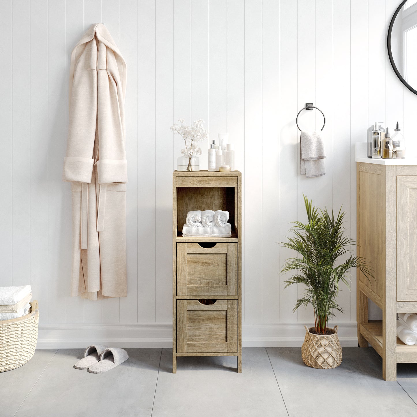 Dune Farmhouse Bathroom Storage Organizer with Two Removable Drawers and Open Display Shelf in Brown