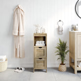 Dune Farmhouse Bathroom Storage Organizer with Two Removable Drawers and Open Display Shelf in Brown